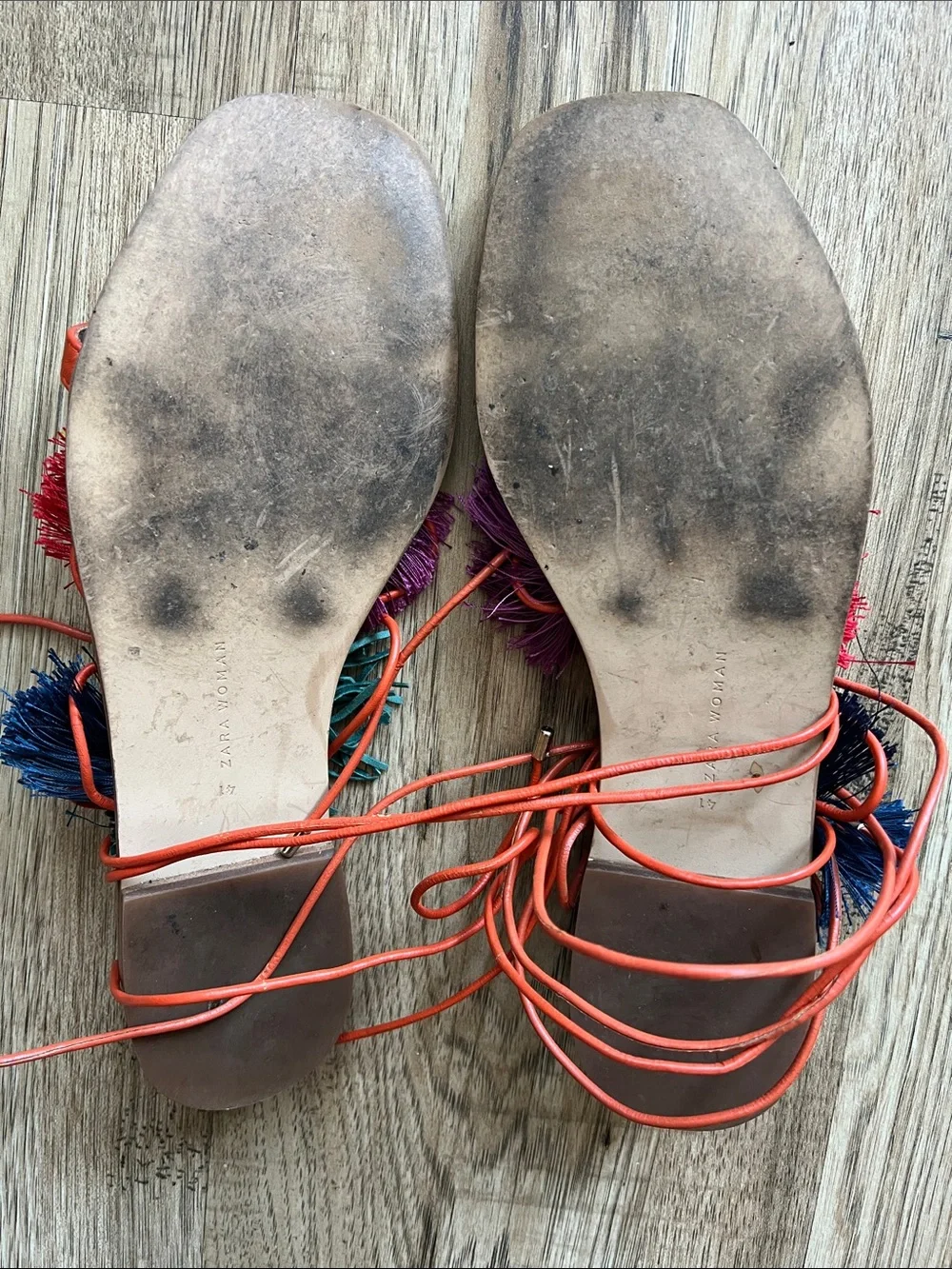 Zara Orange Pom-Pom Lace-Up Sandals Size 41 or 10 (US)